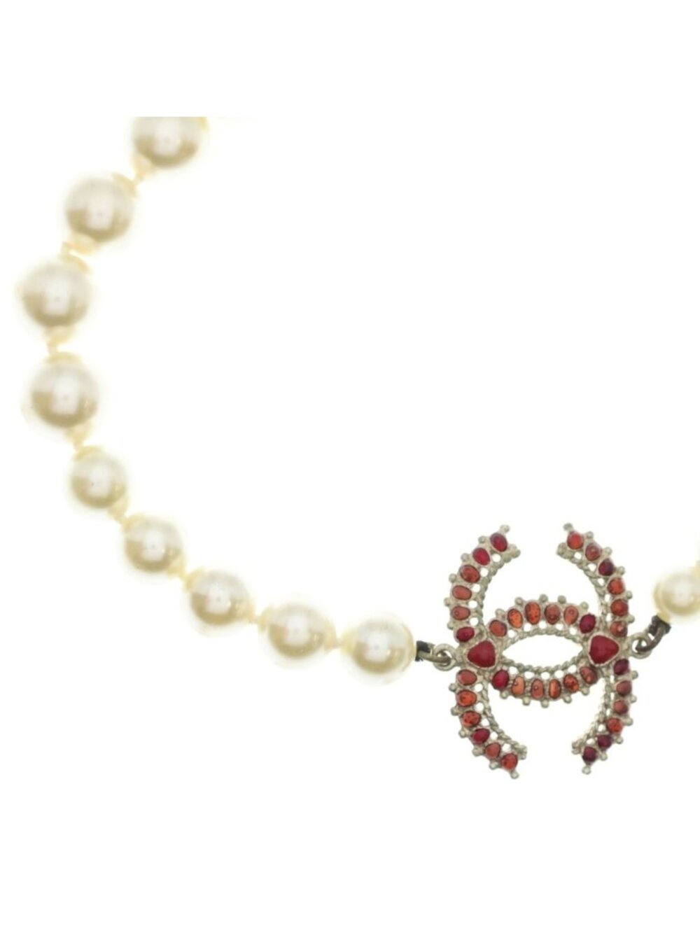 Chanel Faux Pearl Red Resin Necklace A CC Logo